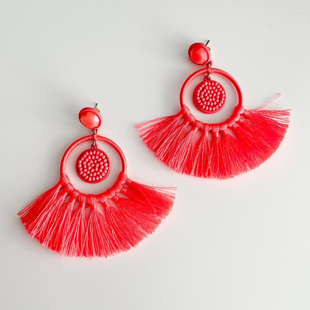 J. Crew Factory Fan Tassel Hoop Earrings (Pink)